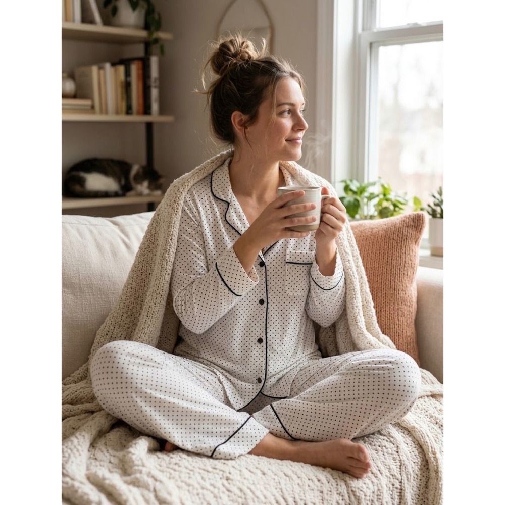 Victoria's Secret Polka Dot Pajama Set White Black Modal Long Sleeve Large